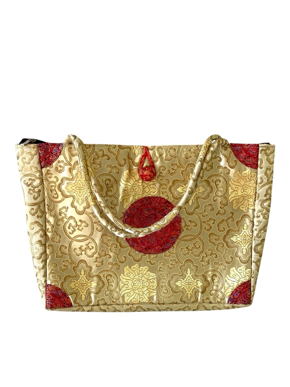 Vintage Y2K Asian Brocade Tapestry Tote Bag Red Gold
